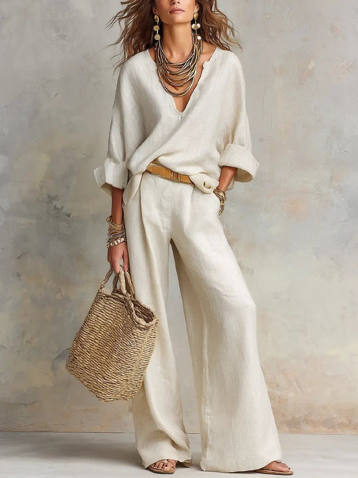 Harper | Women's Relaxed V-Neck Linen Two-Piece Wide Leg Pants Set 0