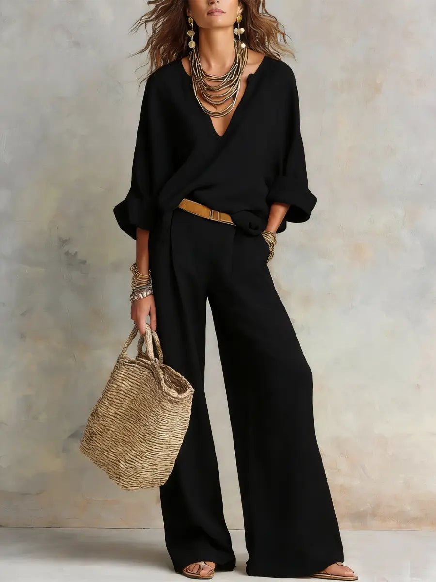 Harper | Women's Relaxed V-Neck Linen Two-Piece Wide Leg Pants Set 1