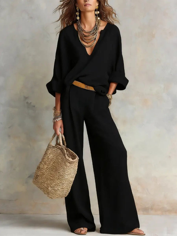 Harper | Women's Relaxed V-Neck Linen Two-Piece Wide Leg Pants Set 1