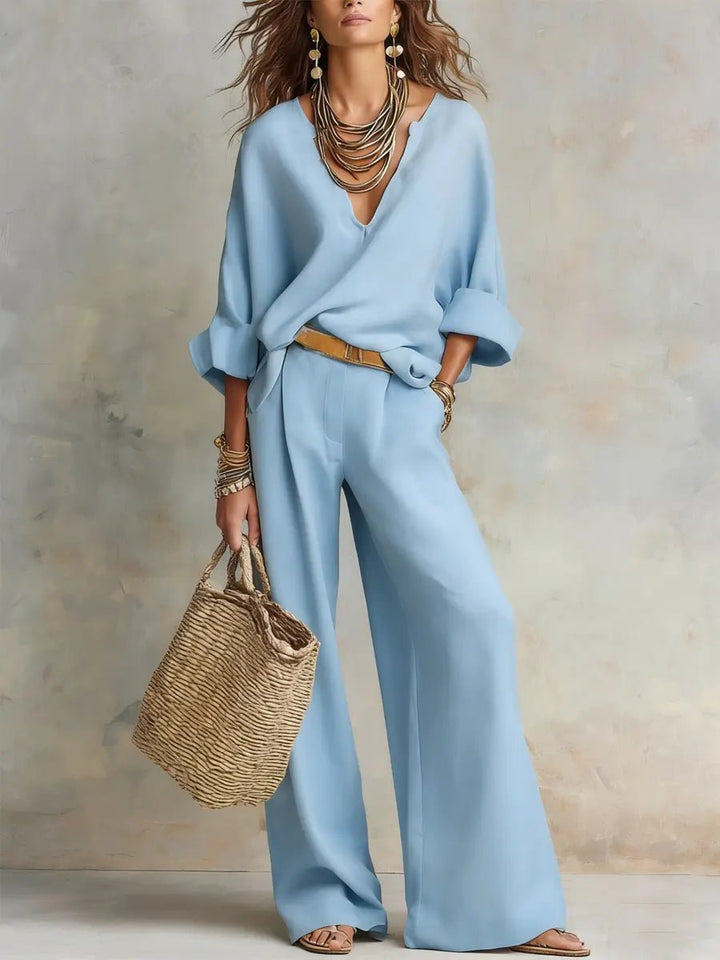 Harper | Women's Relaxed V-Neck Linen Two-Piece Wide Leg Pants Set 2