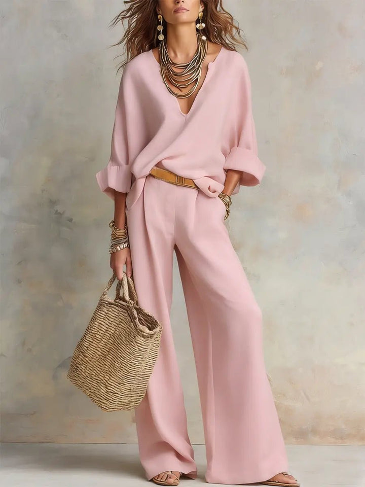 Harper | Women's Relaxed V-Neck Linen Two-Piece Wide Leg Pants Set 3