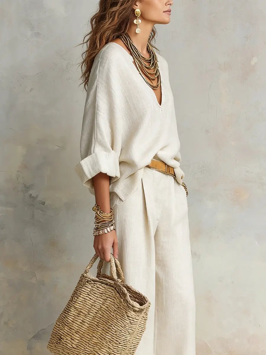 Harper | Women's Relaxed V-Neck Linen Two-Piece Wide Leg Pants Set 4