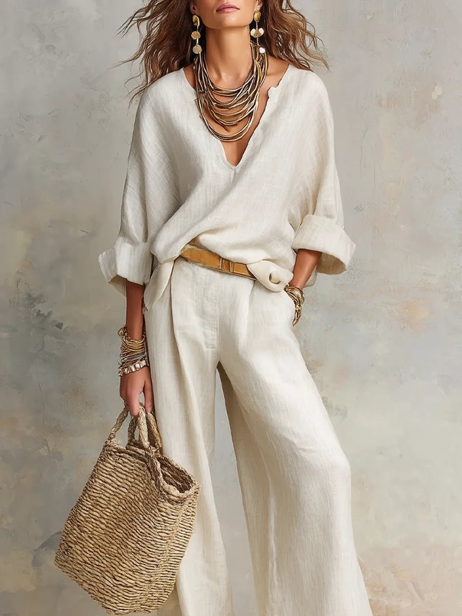 Harper | Women's Relaxed V-Neck Linen Two-Piece Wide Leg Pants Set 5