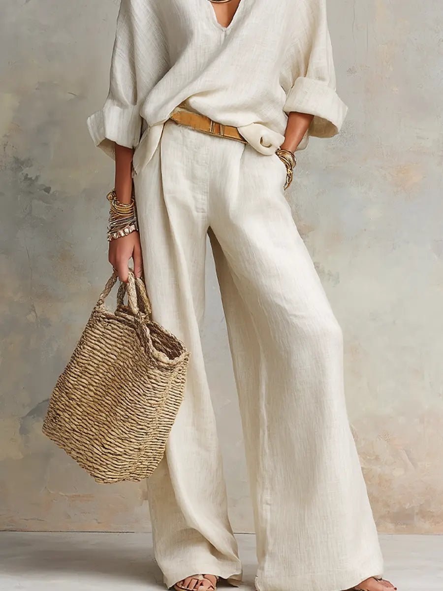 Harper | Women's Relaxed V-Neck Linen Two-Piece Wide Leg Pants Set 6