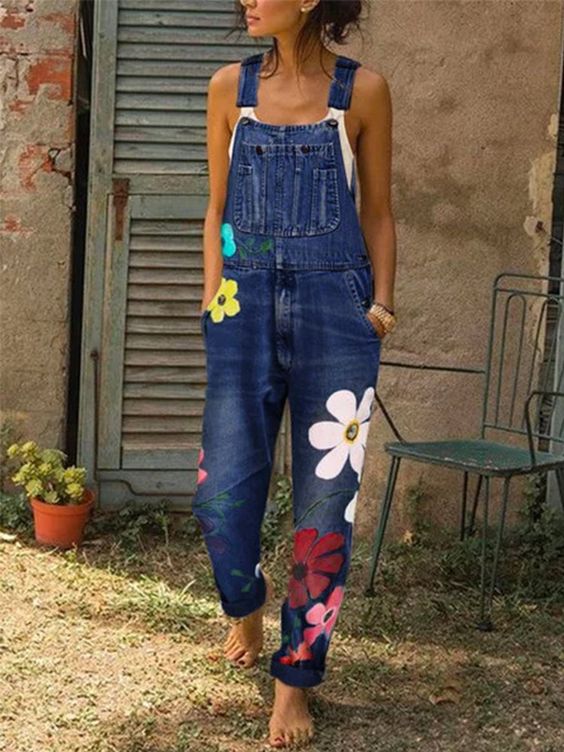 Haven | Colorful Floral Motifs Denim Dungarees for Women – Casual & Comfortable 4