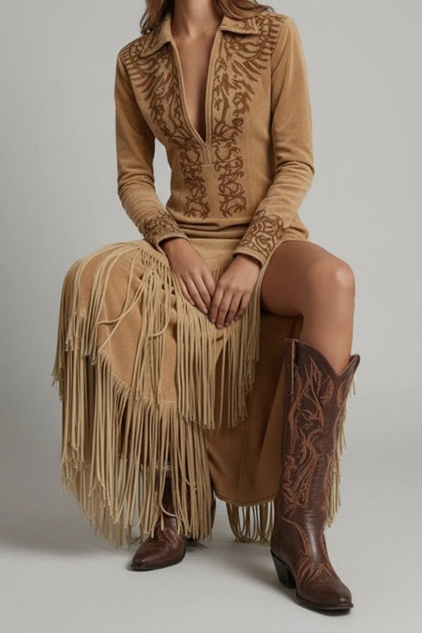Isabella | Women's Western Fringe Long-Sleeve Evening Gown Maxi Dress 2