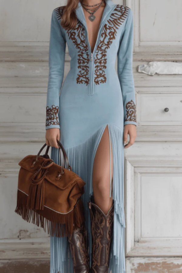 Isabella | Women's Western Fringe Long-Sleeve Evening Gown Maxi Dress 4
