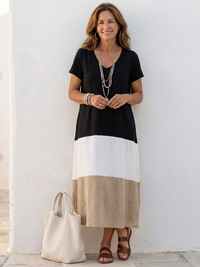 Victoria | Modern Color Block V-Neck Midi Dress