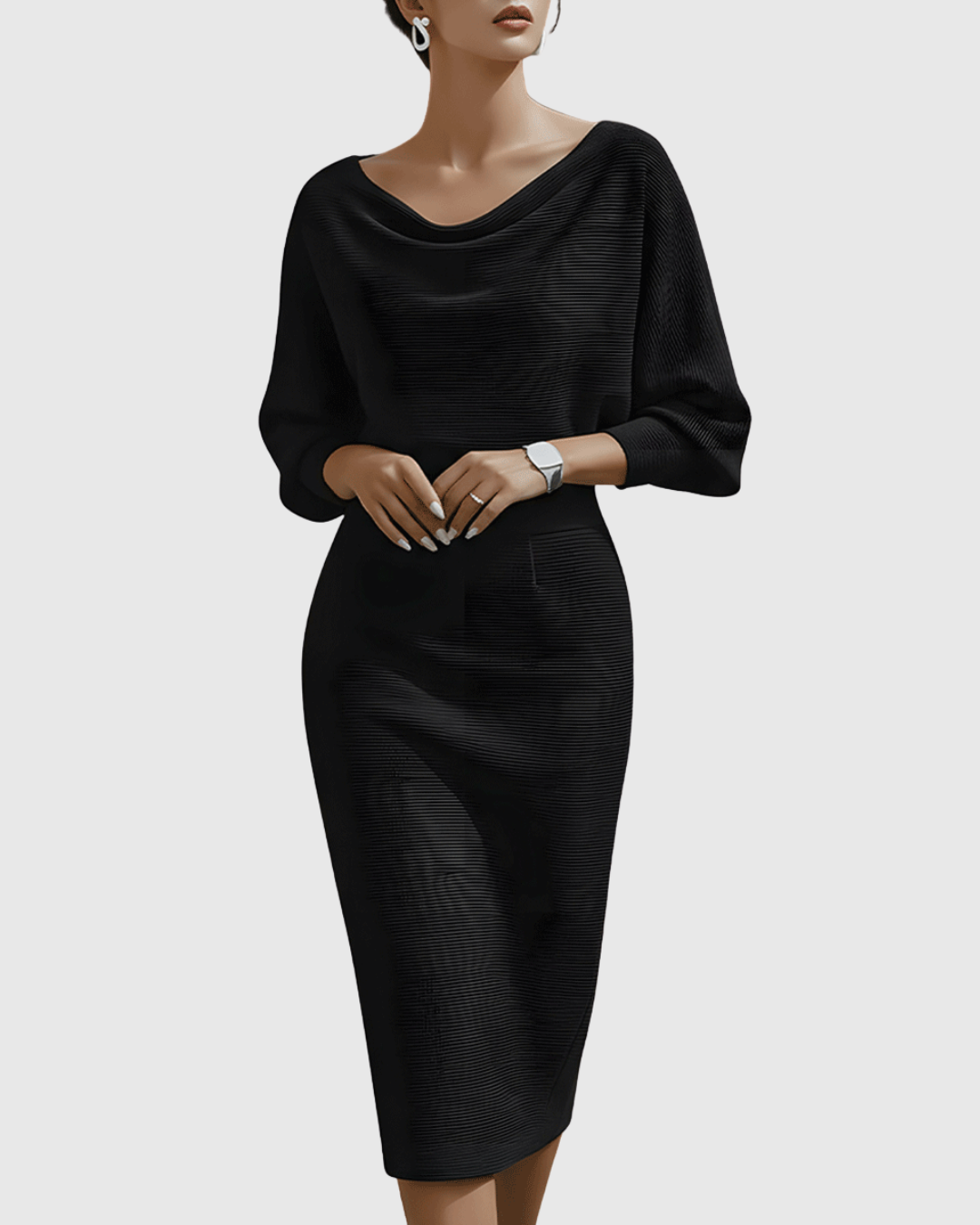 Ismeria | Elegant Long Sleeve White Midi Dress for Women with Draped Design 0