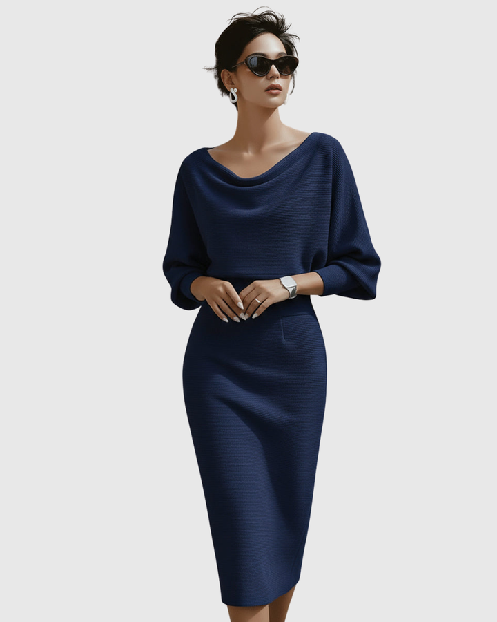 Ismeria | Elegant Long Sleeve White Midi Dress for Women with Draped Design 1