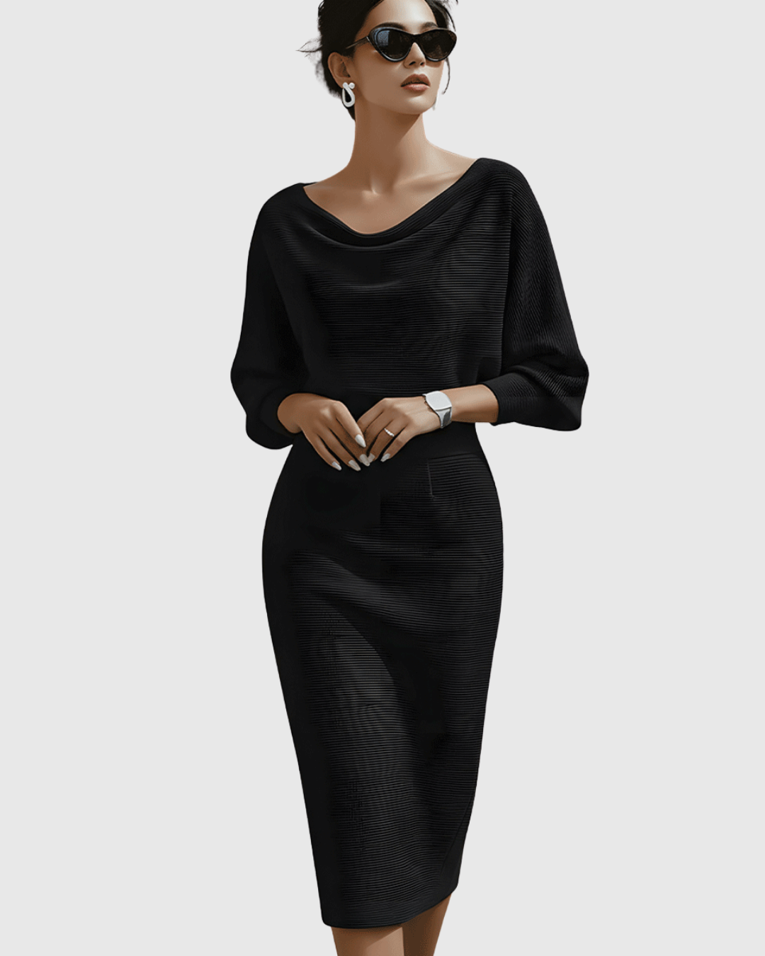 Ismeria | Elegant Long Sleeve White Midi Dress for Women with Draped Design 2