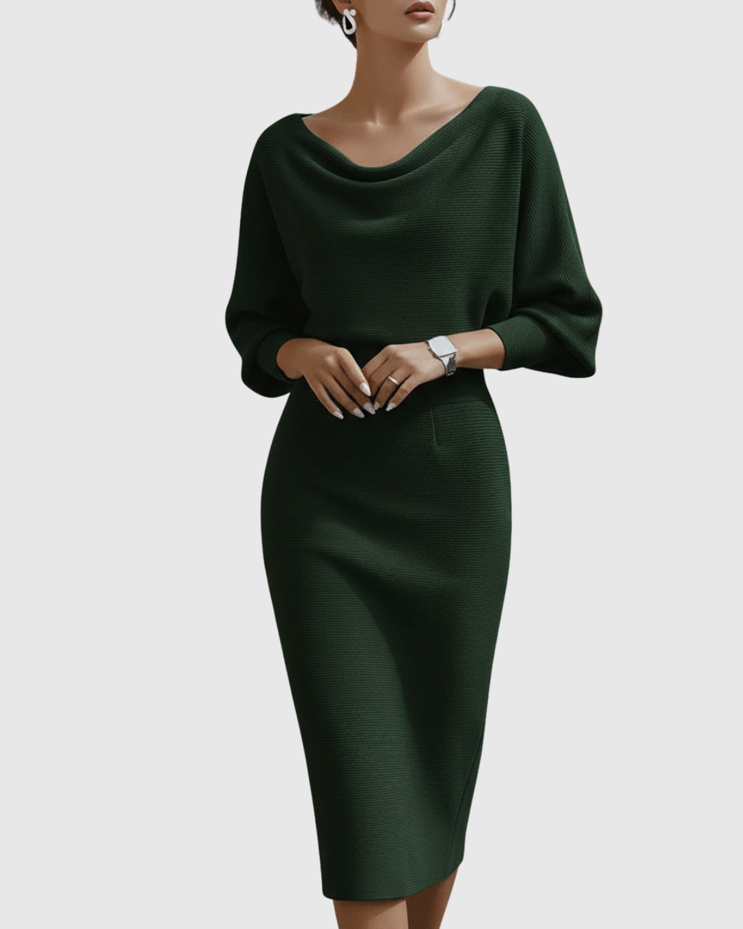 Ismeria | Elegant Long Sleeve White Midi Dress for Women with Draped Design 3