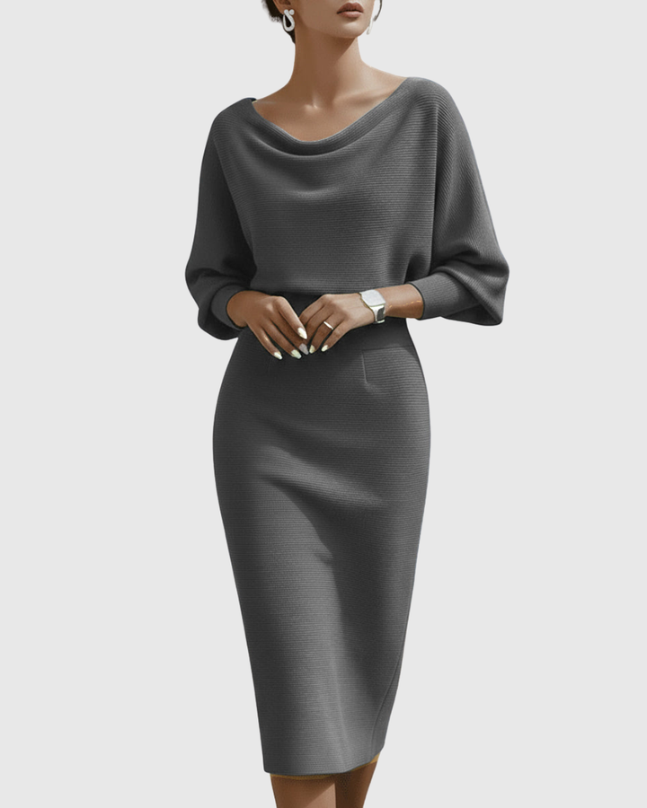Ismeria | Elegant Long Sleeve White Midi Dress for Women with Draped Design 4