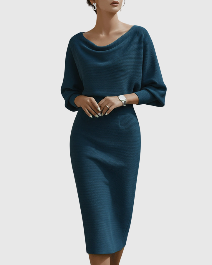 Ismeria | Elegant Long Sleeve White Midi Dress for Women with Draped Design 5