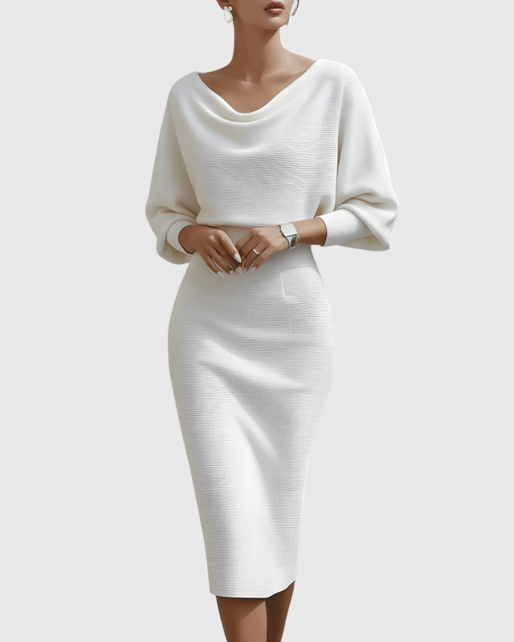 Ismeria | Elegant Long Sleeve White Midi Dress for Women with Draped Design 6