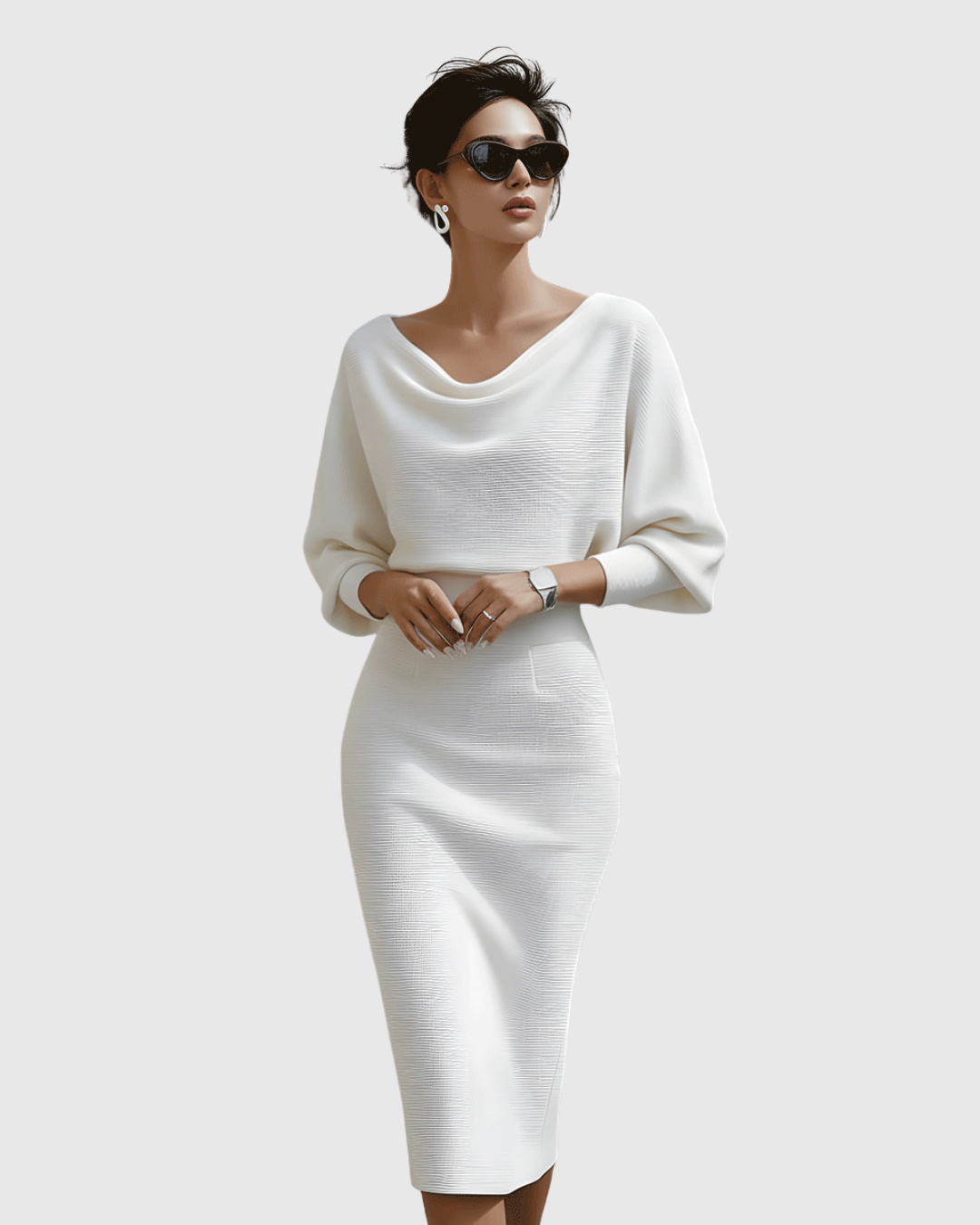 Ismeria | Elegant Long Sleeve White Midi Dress for Women with Draped Design 7