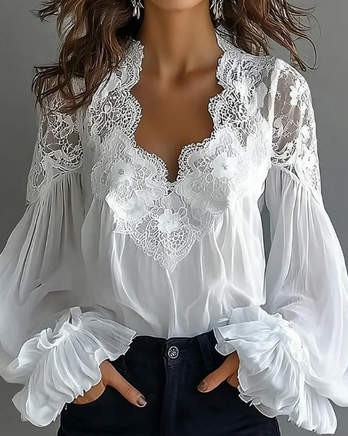 Katia | Elegant Floral Lace Blouse with Lantern Sleeves for Women 0