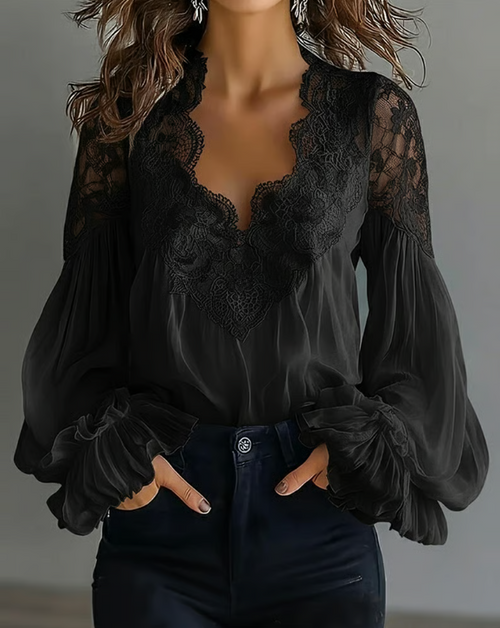 Katia | Elegant Floral Lace Blouse with Lantern Sleeves for Women 1