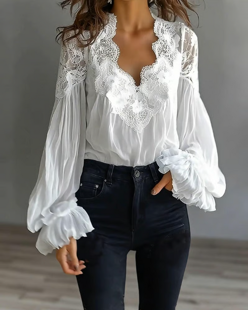 Katia | Elegant Floral Lace Blouse with Lantern Sleeves for Women 4