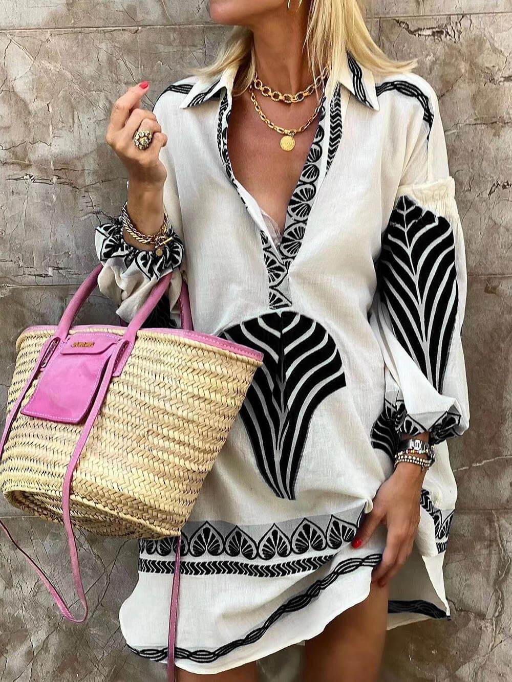 Katrin | Elegant V-Neck Mini Dress – Geometric Print for Women's Stylish Outings 2
