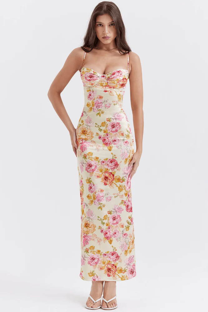 Katrina | Floral Dress Summer Wedding Guest Elegant Spaghetti Strap Fit 0