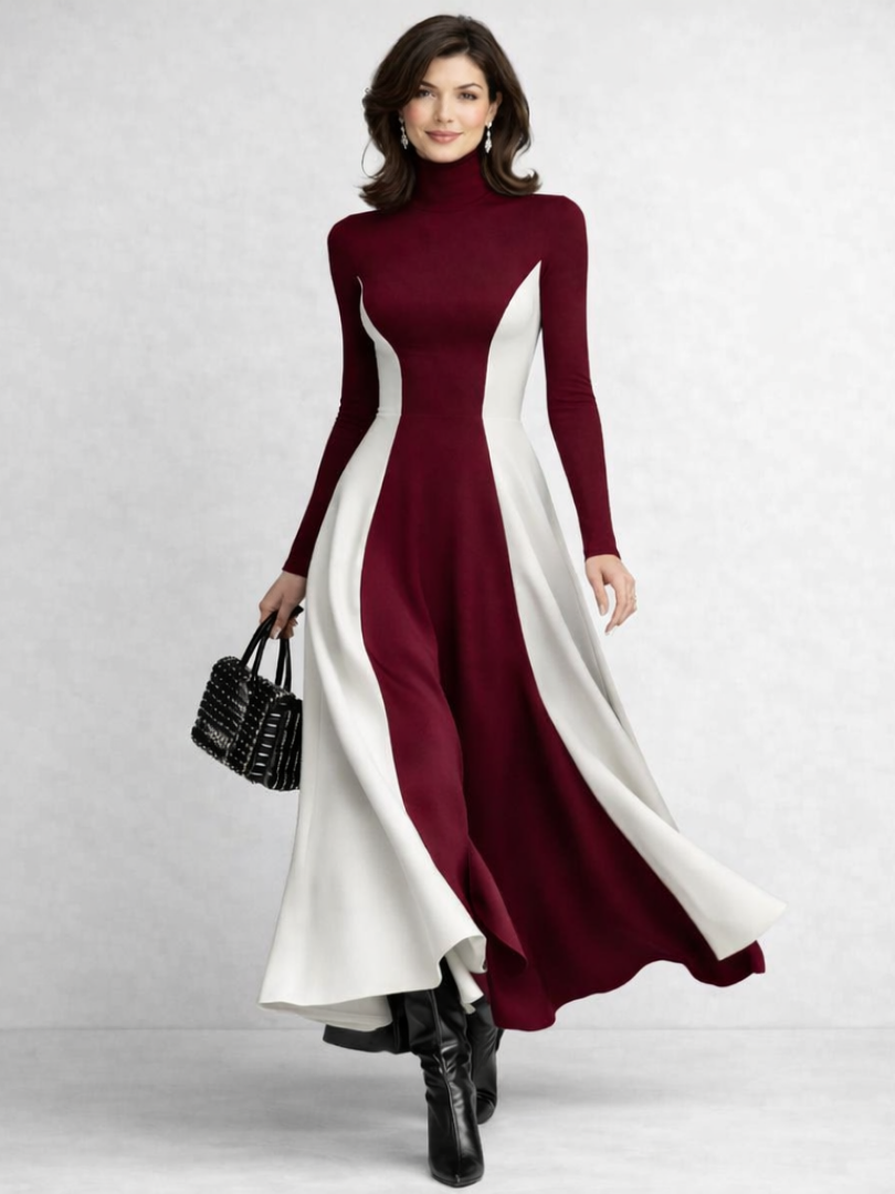 Bianca | Maxikleid für den Herbst mit kontrastierenden Einsätzen und Rollkragen