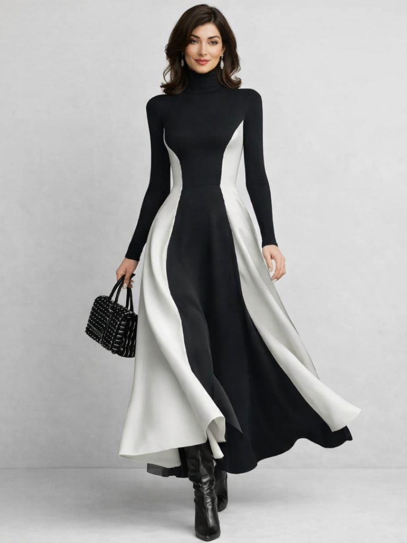 Bianca | Contrast-Panel Turtleneck Maxi Dress