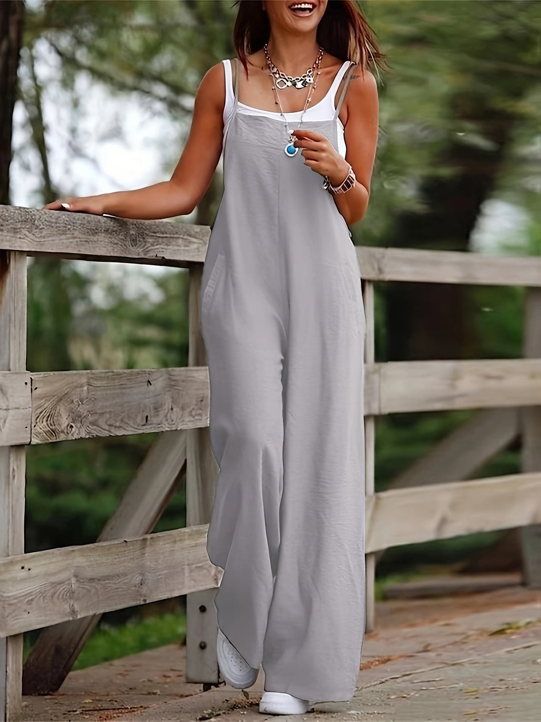 Layla | Women's Linen Wide Leg Pants Sleeveless Bib Overall Jumpsuit 5