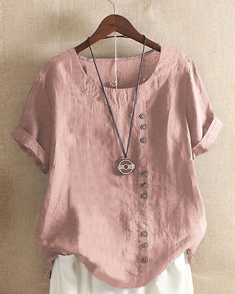 Lina | Women's Top Blouses for Women Linen Button Front Short Sleeve Relaxed Fit 0