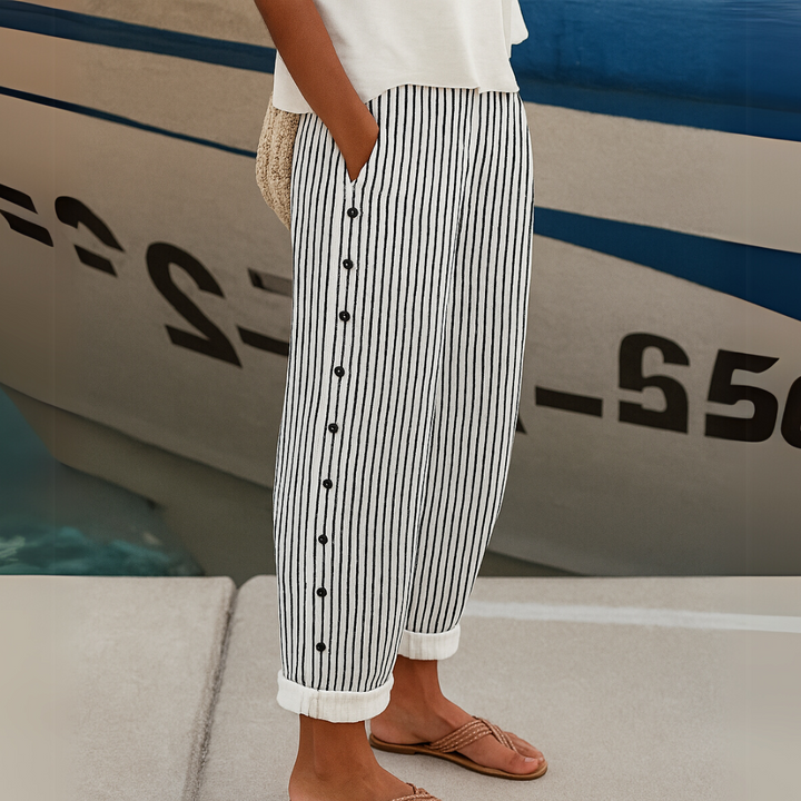 Livia | Chic High-Waisted Striped Button Pants 0