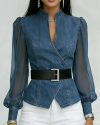 Keira | Elegant Denim Top with Chiffon Sleeves