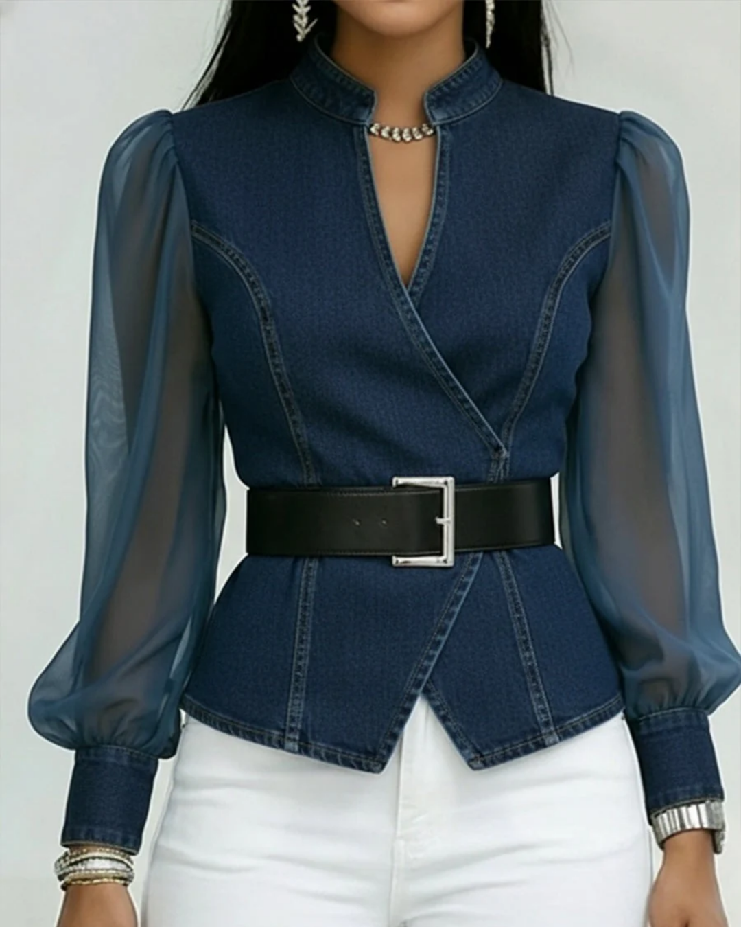 Livia | Elegant Denim Blouse for Women with Chiffon Sleeves 3