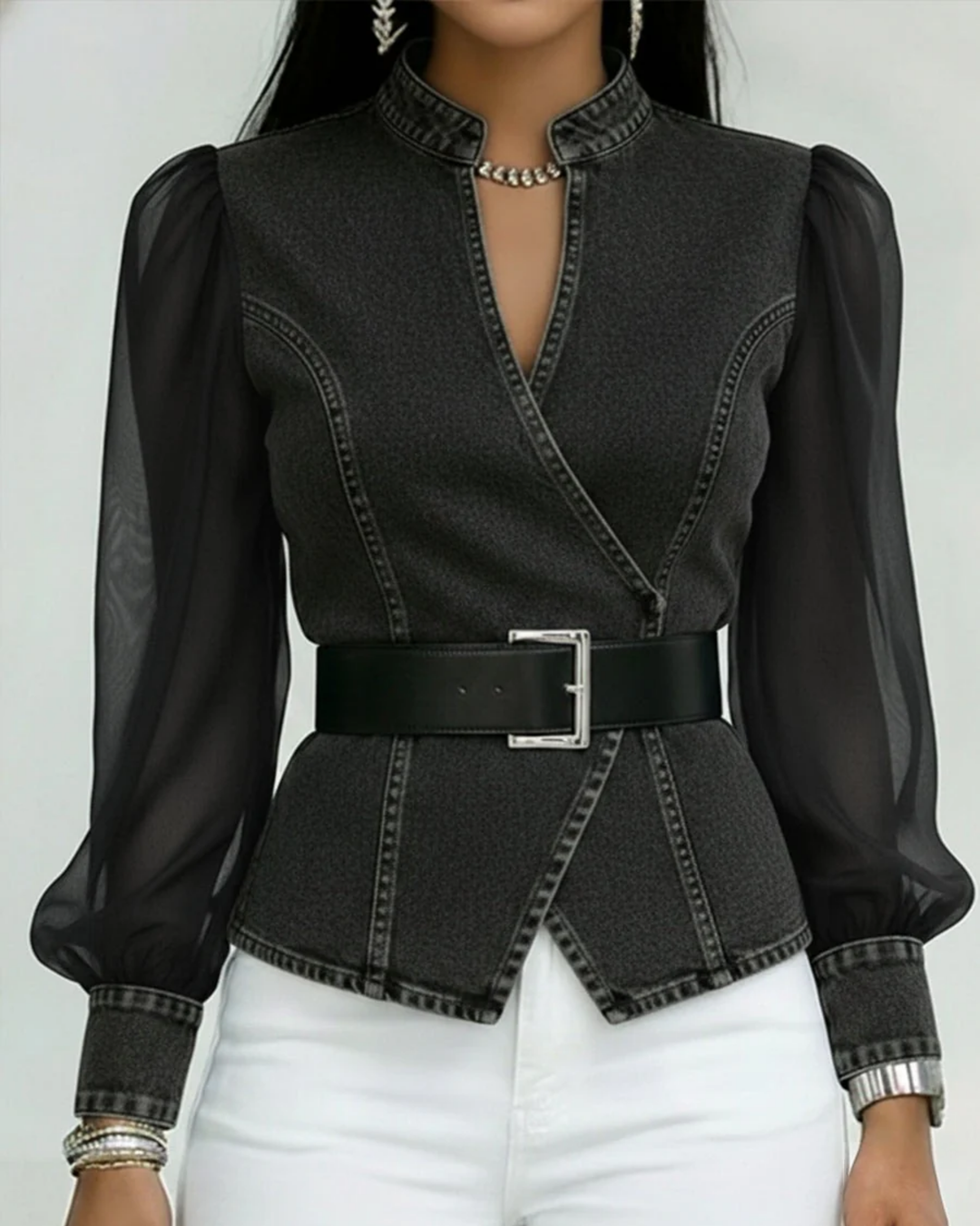 Livia | Elegant Denim Blouse for Women with Chiffon Sleeves 4