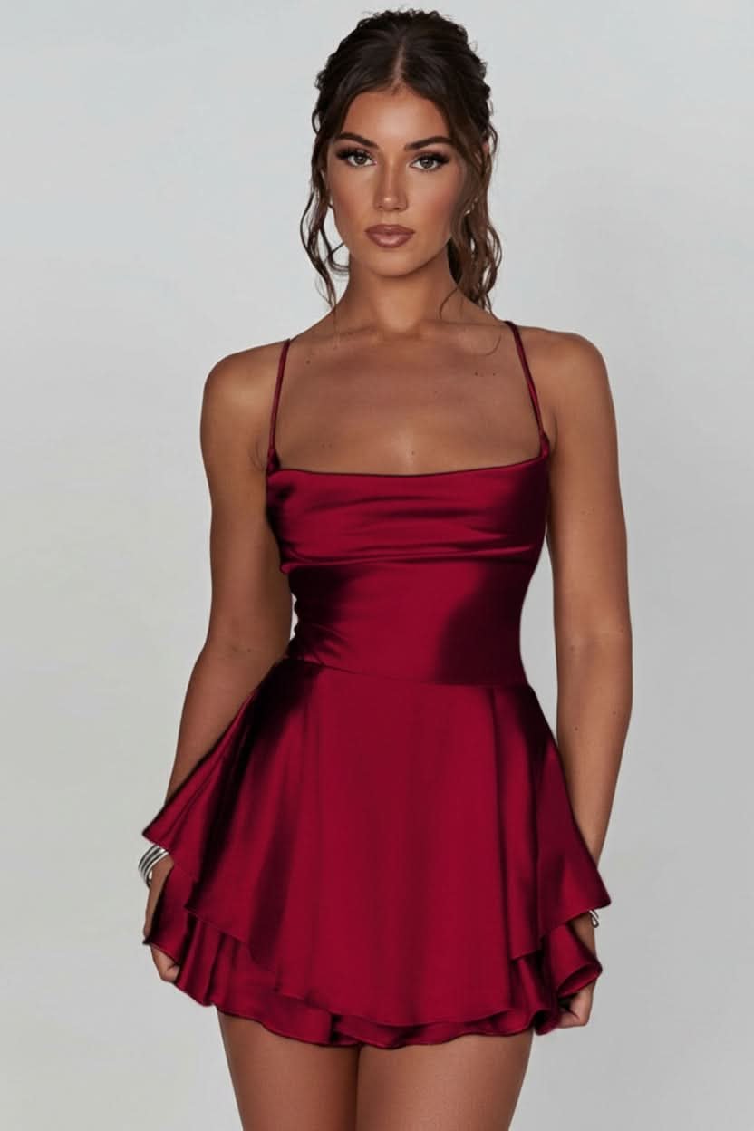 Luna | Women's Satin Square-Neck Ruffle-Skirt Mini Cocktail Dress 0