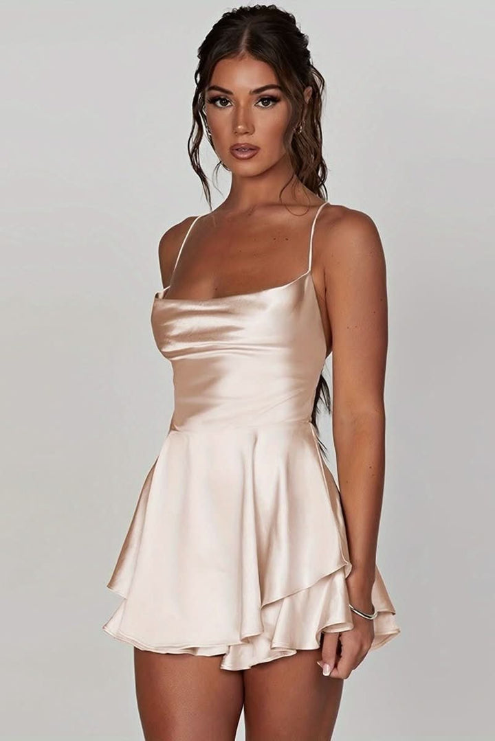 Luna | Women's Satin Square-Neck Ruffle-Skirt Mini Cocktail Dress 3