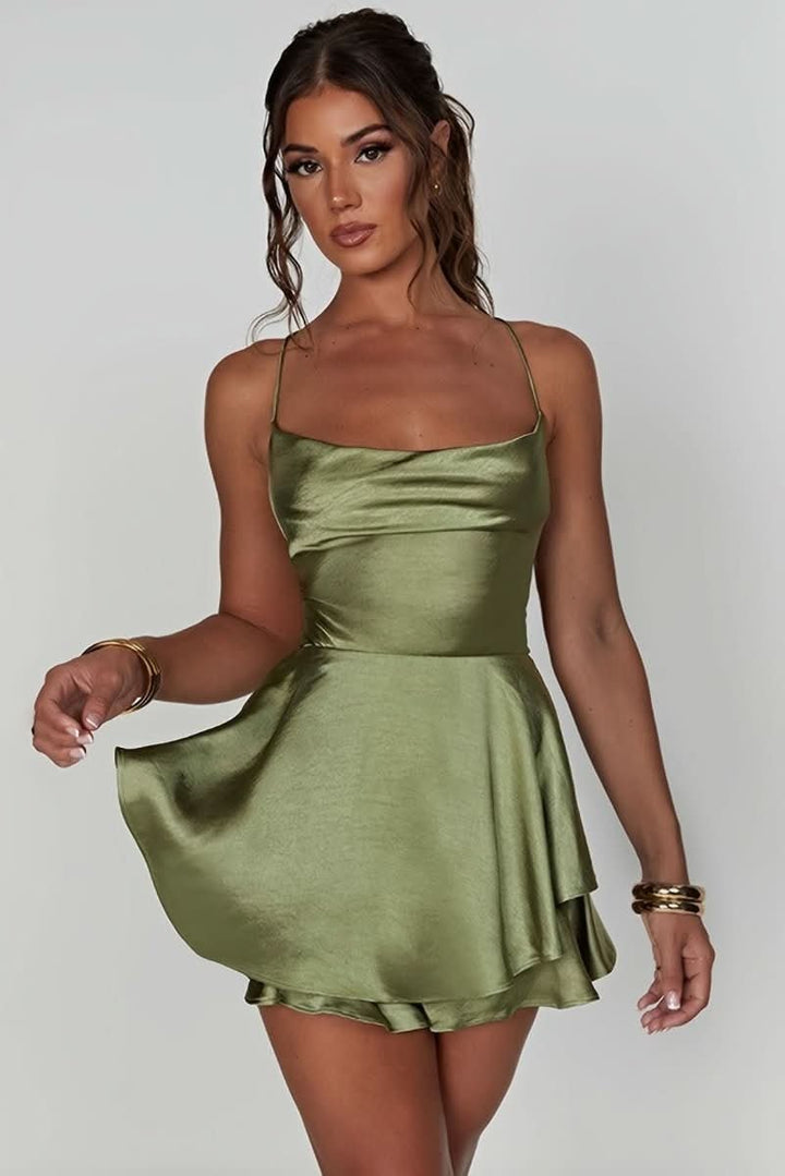 Luna | Women's Satin Square-Neck Ruffle-Skirt Mini Cocktail Dress 7