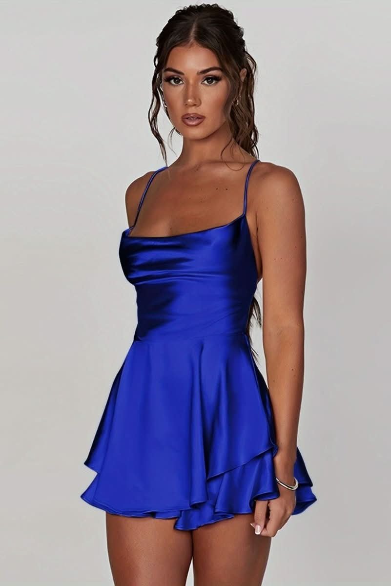 Luna | Women's Satin Square-Neck Ruffle-Skirt Mini Cocktail Dress 9