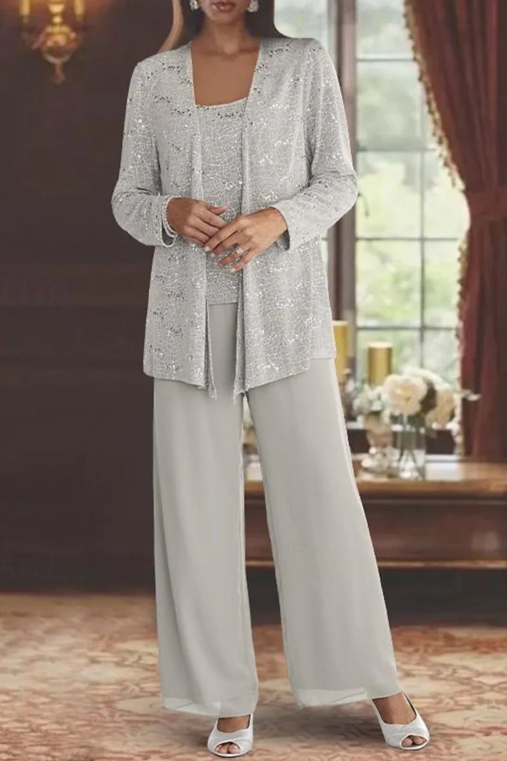 Luna | Women's Sequined Three-Piece Wide Leg Pants Suit Long Sleeve 1