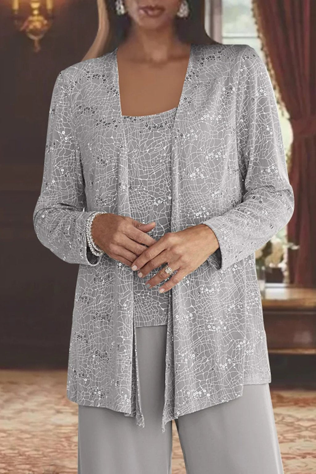 Luna | Women's Sequined Three-Piece Wide Leg Pants Suit Long Sleeve 2