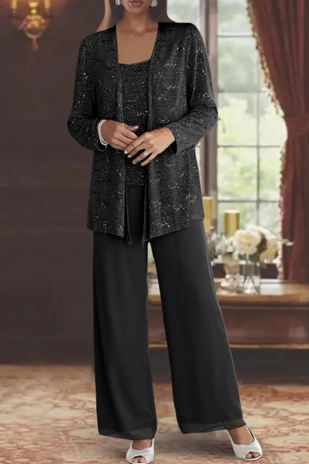 Luna | Women's Sequined Three-Piece Wide Leg Pants Suit Long Sleeve 5