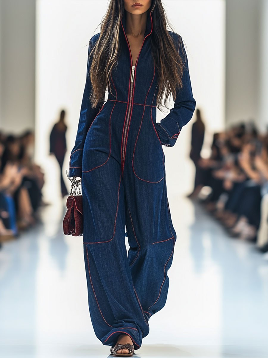 Luna | Women's Wide Leg Long Sleeve Zip-Front Jumpsuit 0