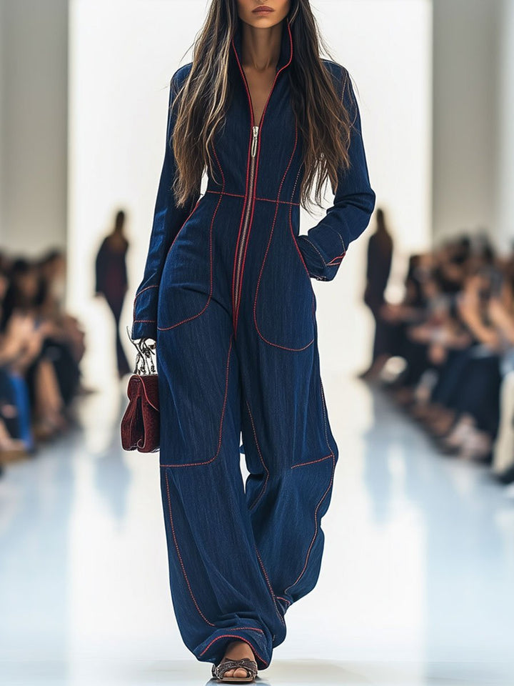 Luna | Women's Wide Leg Long Sleeve Zip-Front Jumpsuit 0