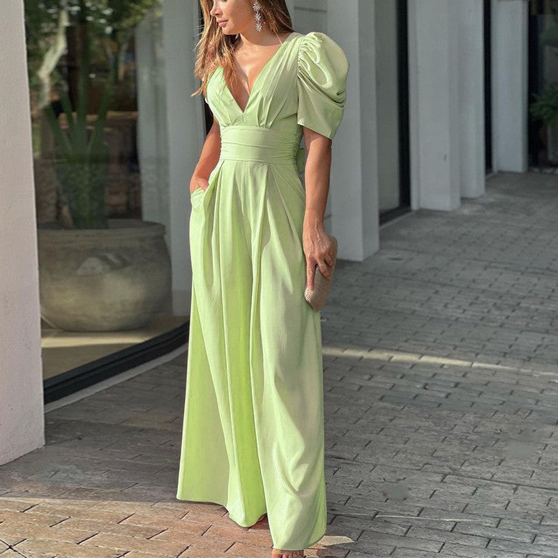 Marigold | Elegant V-Neck Puff Sleeve Wide Leg Jumpsuit 0