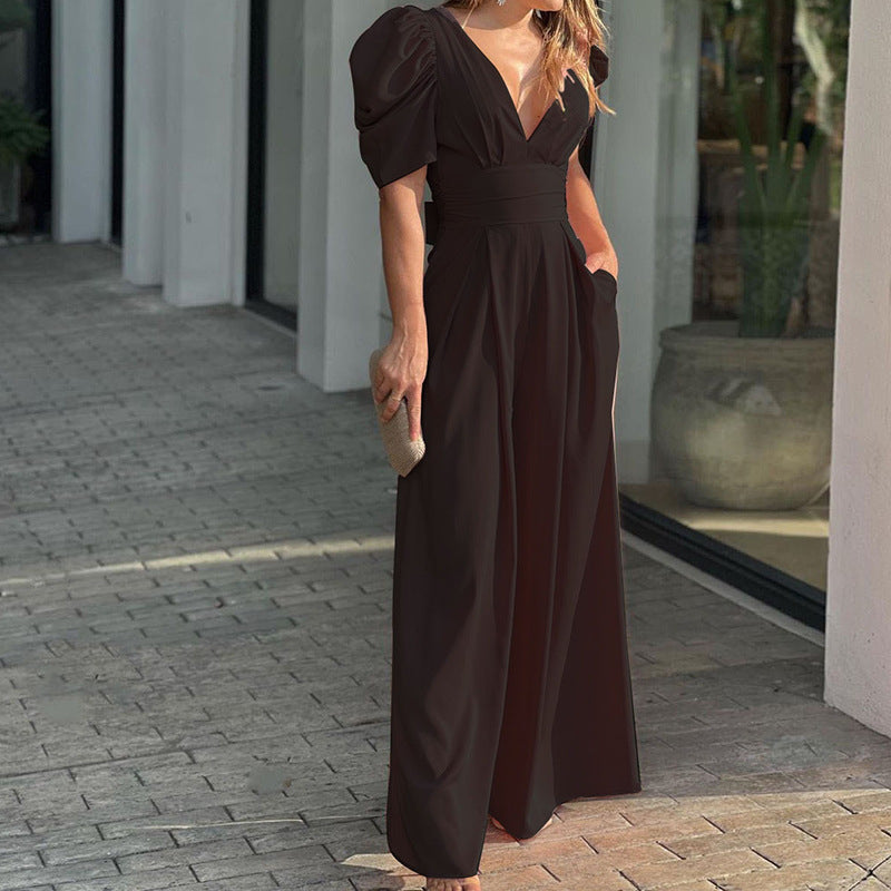 Marigold | Elegant V-Neck Puff Sleeve Wide Leg Jumpsuit 1