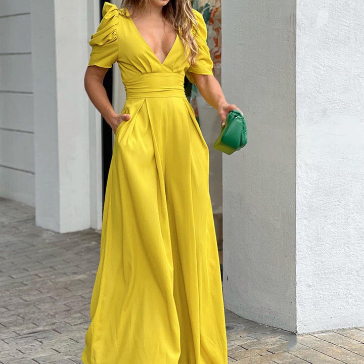 Marigold | Elegant V-Neck Puff Sleeve Wide Leg Jumpsuit 2