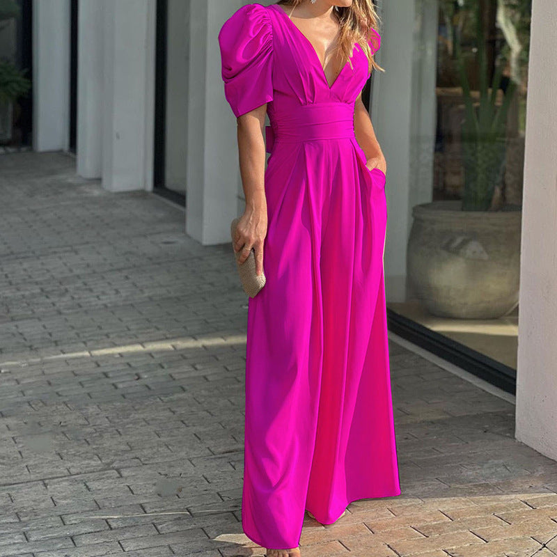 Marigold | Elegant V-Neck Puff Sleeve Wide Leg Jumpsuit 4