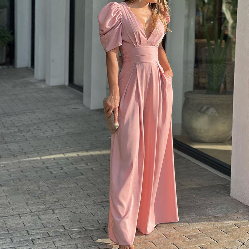 Marigold | Elegant V-Neck Puff Sleeve Wide Leg Jumpsuit 5