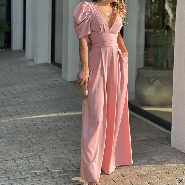 Marigold | Elegant V-Neck Puff Sleeve Wide Leg Jumpsuit 5