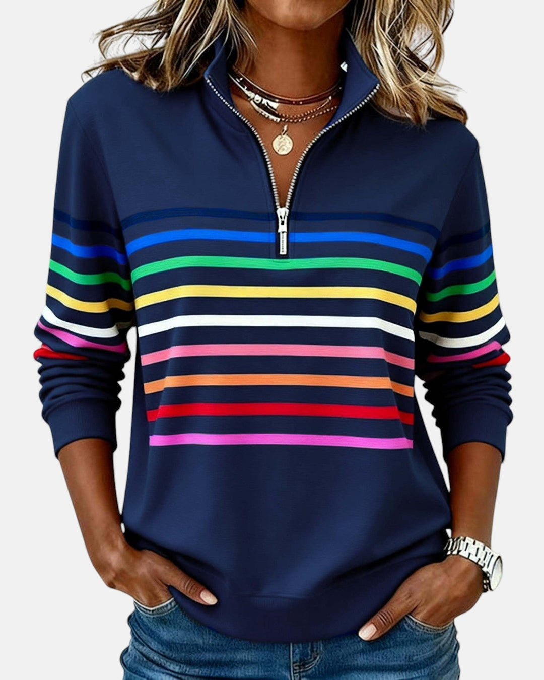 Maven | Vibrant Striped Quarter Zip Women's Sweatshirt – Soft, Relaxed Fit & Casual Style 1