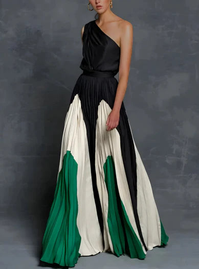 Mia | Mother of the Bride Dress One-Shoulder Color-Block Pleated Maxi Gown 1